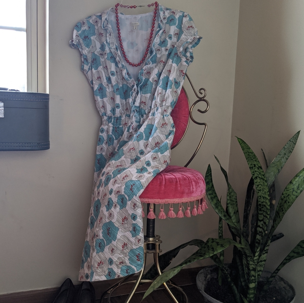 Fossil Vintage Style White w/ Blue Flowers Dress